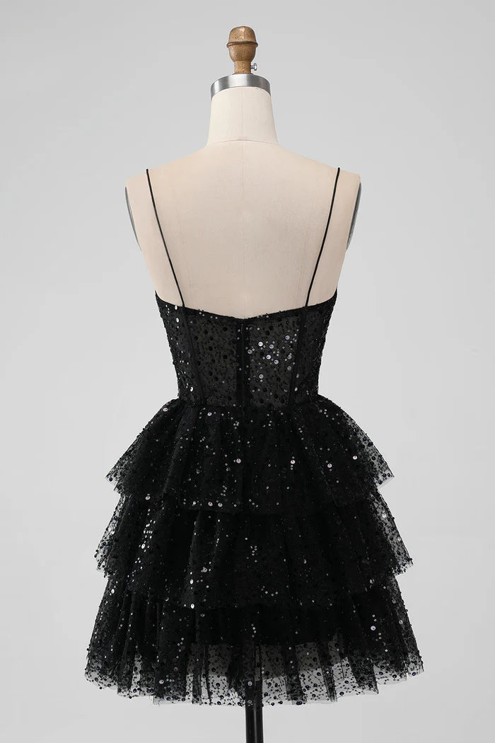 Weitese Dress Sparkly Black Spaghetti Straps Tiered Short Homecoming Dress Sequins Sleeveless Party Dress